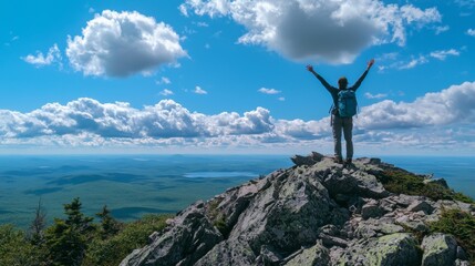 A hiker standing at the summit of a mountain, arms raised. Positive man celebrating success