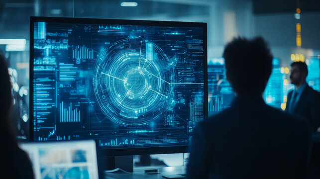 A digital ledger displayed on a computer screen, illustrating blockchain solutions in finance and secure transactions, surrounded by diverse professionals
