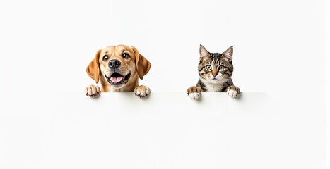 Smiling Dog and cat peeking over a blank white board on white background