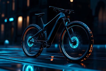 Bicycle with glitching holographic wheels, in a futuristic digital city