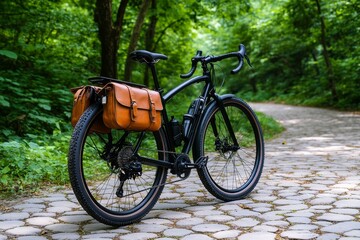 Fototapeta premium Bicycle with leather saddlebags, parked near a cobblestone path