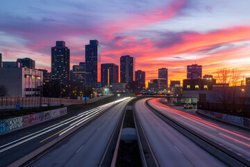 Fototapeta premium Sunset urban scene with glowing highway, skyscrapers silhouetted against vibrant sky