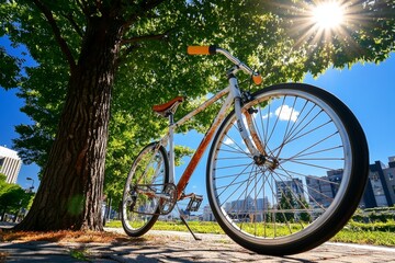 Fototapeta premium Bicycle with slightly rusted frame, resting under a tree on a warm afternoon