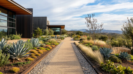 A drought-tolerant landscape with succulents, gravel pathways, and native grasses that thrive in arid environments, creating a sustainable, low-water garden