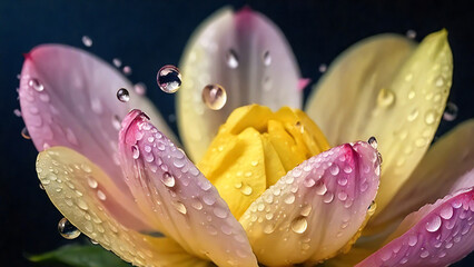 Exotic flower with pink petals and a yellow center, macro view with water droplets. - Powered by Adobe