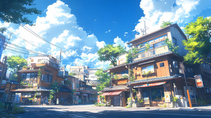 Fototapeta premium Animated Street Scene with Sunny Sky, Clouds, and Buildings in Japan