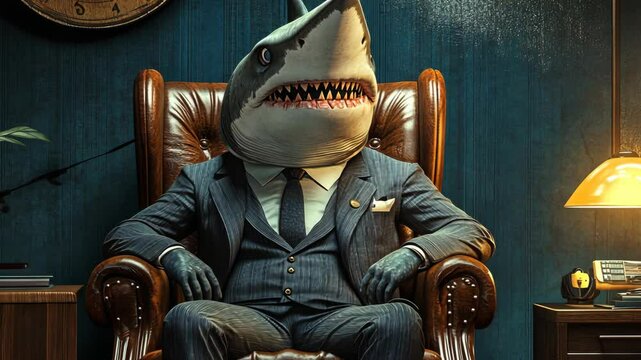 A shark in a suit sits in a leather armchair in an office