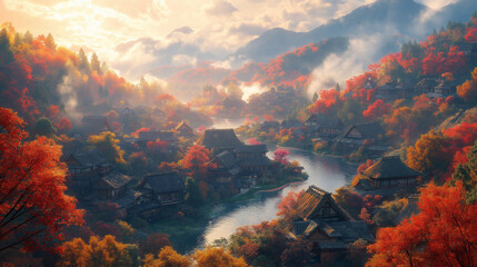 Scenic Traditional Japanese Village in Autumn with Misty Mountains and Vibrant Fall Foliage