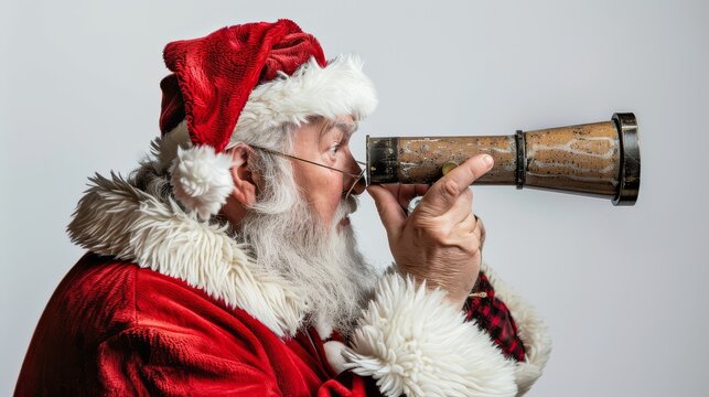 Santa Claus looking through a telescope with only his figure and the white background visible - Powered by Adobe