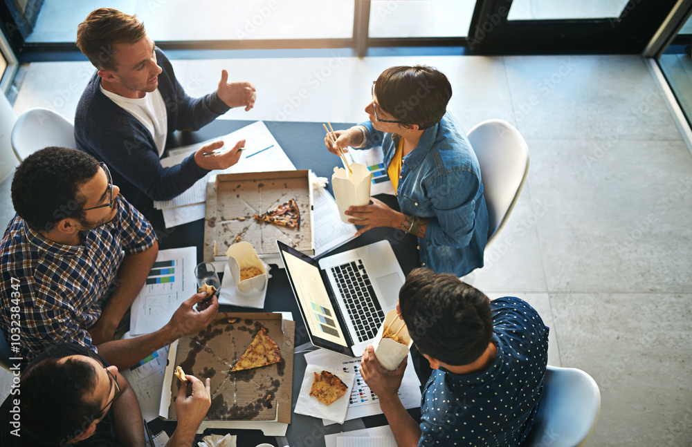 Poster creative, discussion and business people in meeting with fast food, planning and collaboration from 