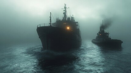 A large ship and a tugboat navigate through a thick fog at sea.