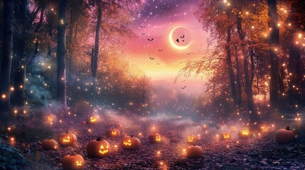 A whimsical Halloween night scene with glowing pumpkins scattered through a magical forest, fairy lights hovering above the ground, and a moon shining brightly in a warm, pink, and purple sky.