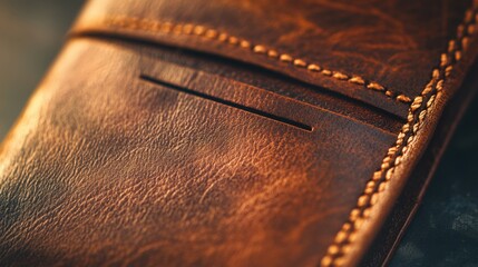 Leather wallet with vibrant texture, sleek design, soft lighting.
