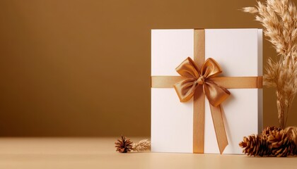 Elegant gift box with golden ribbon, decorated with pine cones and dried flowers on a warm brown background.