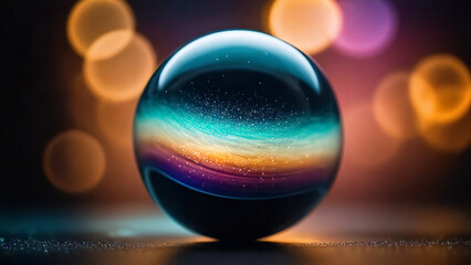 Abstract marble-like sphere reflects vibrant rainbow colors, with blurred lights behind it.