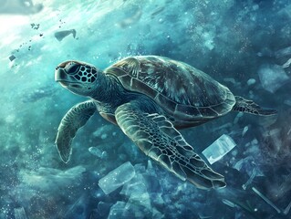 Fototapeta premium Sea Turtle Swimming in Murky Waters of Impact