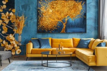 Vibrant yellow sofa and chair near teal wall with poster frame. Scandinavian interior design of modern living room.