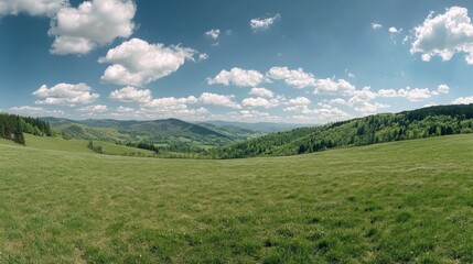 Obraz premium A panoramic view of lush green hills under a bright blue sky with scattered clouds.