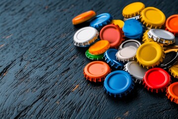 Obraz premium Collection of colorful bottle caps, scattered across a scratched tabletop