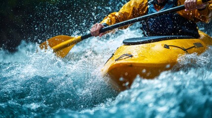 A kayaker navigating through rapids, splashing water and showing adrenaline
