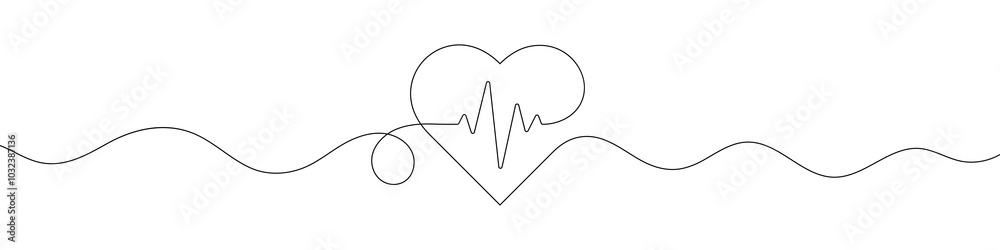 Wall mural Continuous line drawing of heart with heartbeat. Pulse trace. Cardiogram icon. One line drawing. Single line art. Vector illustration.