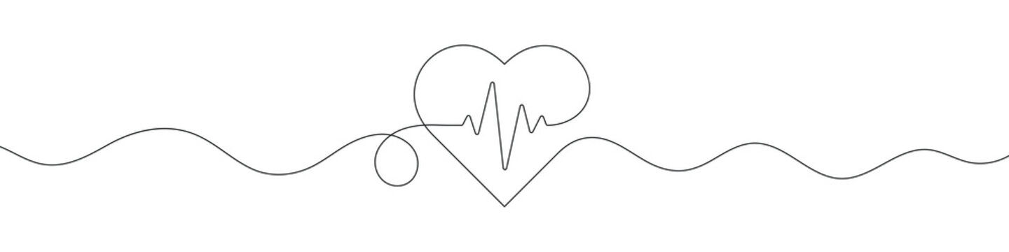 Continuous line drawing of heart with heartbeat. Pulse trace. Cardiogram icon. One line drawing. Single line art. Vector illustration.
