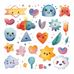 The watercolor illustration depicts various colorful hearts and round faces expressing a wide range of emotions