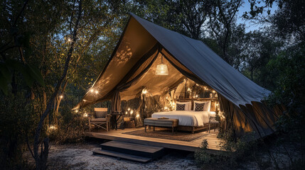 A glamorous glamping tent illuminated by fairy lights, with plush bedding and luxury amenities, set against a star-filled night sky in the wilderness
