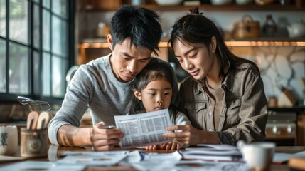 Obraz premium Asian family feeling the impact of rising living expenses, with bills and debt piling up