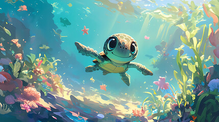 Fototapeta premium A cheerful illustration of an adorable turtle swimming in a vibrant underwater scene filled with colorful corals, fish, and bubbles