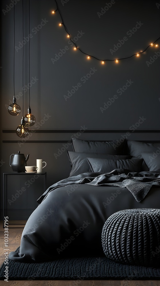 Wall mural a room where all the elements are the same dark grey color in evening atmosphere and warm lighting: 