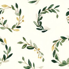 Seamless pattern of muted green and gold watercolor Christmas wreaths with soft focus on a plain cream background creating an elegant and festive holiday design