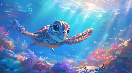 A cheerful illustration of an adorable turtle swimming in a vibrant underwater scene filled with colorful corals, fish, and bubbles