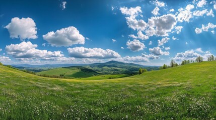 Obraz premium A panoramic view of lush green hills under a bright blue sky with scattered clouds.