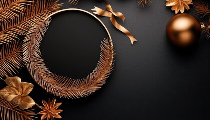 Stylish holiday decor featuring golden elements, seasonal foliage, and ornaments on a dark background.
