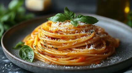 Classic Spaghetti with Tomato Sauce and Basil Garnish