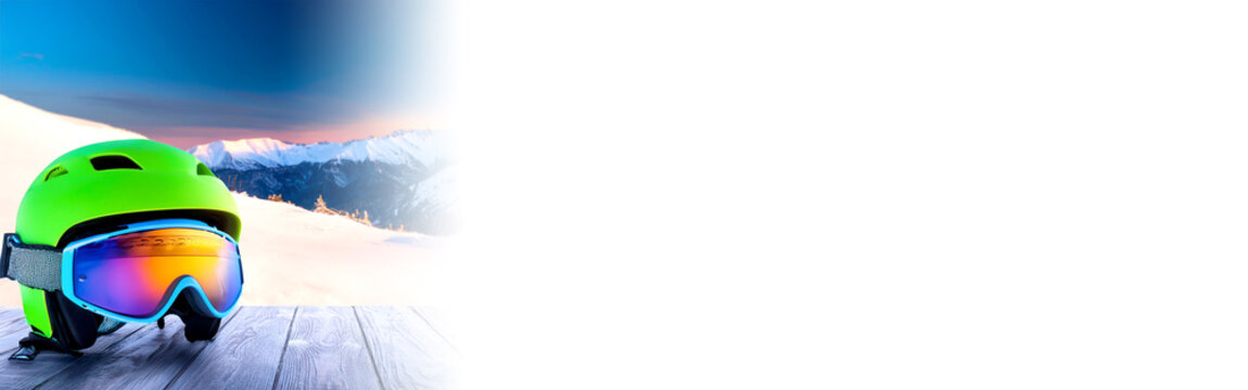 Skihelm auf Tisch, Bergpanorama 