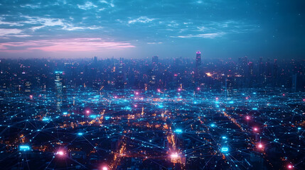 Fototapeta premium Aerial View of Cityscape with Glowing Network Connections