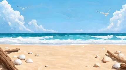 Captivating coastal landscape featuring scattered seashells sun bleached pebbles and driftwood accents set against a backdrop of rolling waves seagulls in flight and a luminous