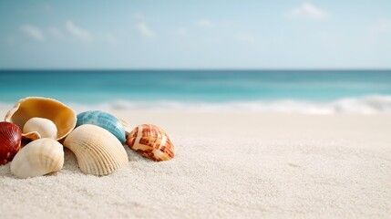 Obraz premium Serene tropical beach with powdery white sand colorful seashells scattered along the shore and a hazy dreamy backdrop evoking a sense of tranquility captured in a cinematic