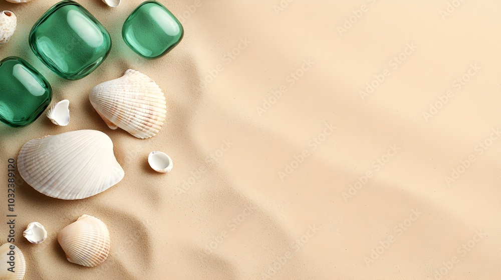 Poster tranquil coastal backdrop with scattered seashells glass objects and a soft vintage inspired natural