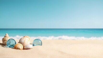 Peaceful and tranquil beach backdrop featuring soft sand scattered seashells and glass objects