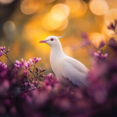 Obraz premium A white bird with red eyes perches on a branch of purple flowers in a blurred background of bokeh lights.