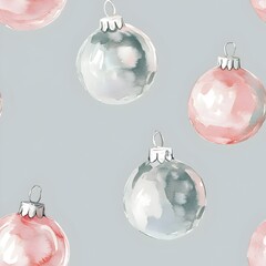 Elegant hand painted watercolor Christmas baubles in muted pastel tones floating effortlessly on a soft minimalist gray background  This seamless repeating pattern creates a serene