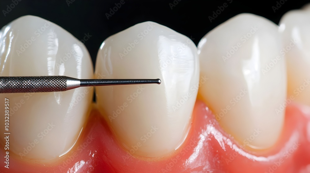 Poster highly detailed and precise close up image of a human tooth with a metal dental explorer tool gently