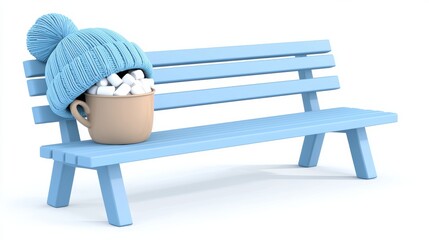 Cozy Winter Scene with Cup of Marshmallows on Bench