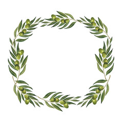 Watercolor olive branches wreath Green frame for olive oil wrapping logo design Postcard poster template invitation greeting card Wedding decoration Botanical border Italian plant Natural Organic