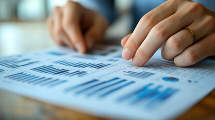 A person studies various graphs and charts laid out on a table, focusing on data insights during a meeting at a contemporary office