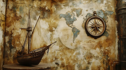 Fototapeta premium Vintage Exploration Decor with Model Ship, World Map, and Compass on Textured Wall