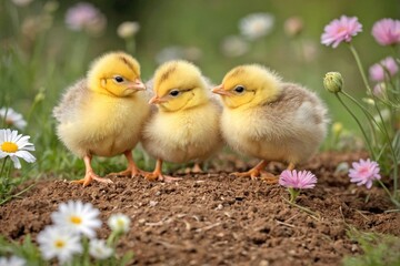 Chicks Exploring a Garden Among Bright Wildflowers